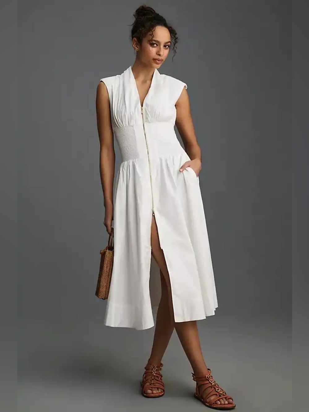 Anthropologie Tommie Zip Front Midi Dress White XXSP Cotton Smocked Pockets